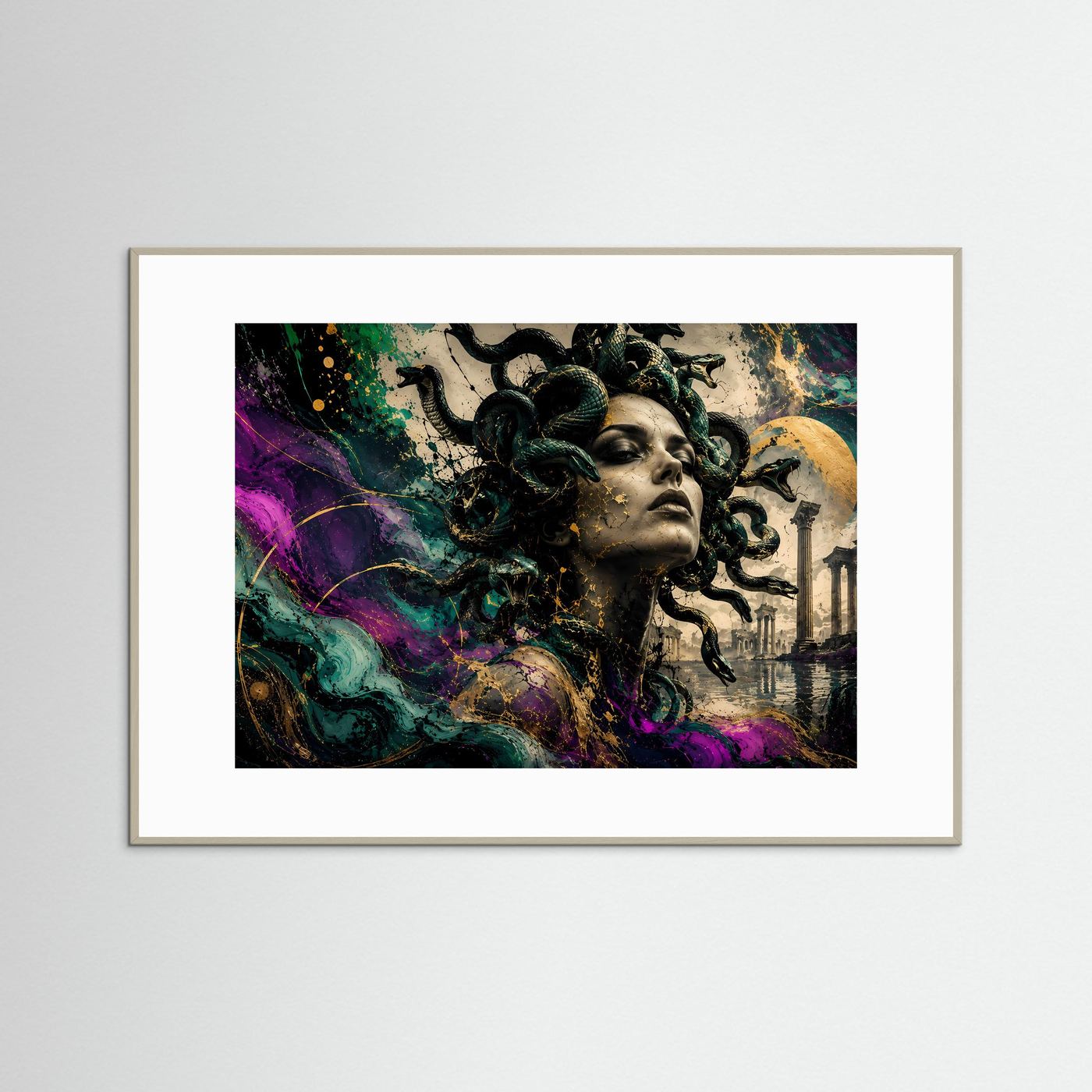 Medusa Wandbild Abstrakt | Mythologie Kunst mit Schlangen | Moderne Gorgone Wall Art | Griechische Antike Fantasy Poster | Luxus Leinwand Gold Akzente
