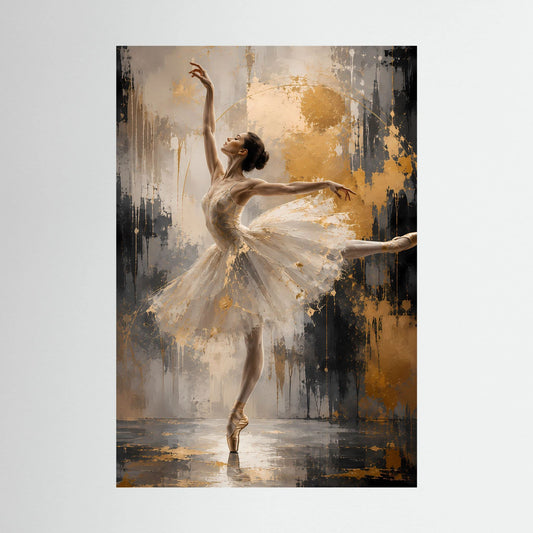 Hochformatiges Poster mit abstrakter Ballerina in hellem Creme und goldenen Akzenten