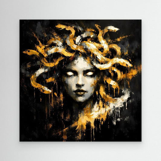 Abstraktes Leinwand-Wandbild mit Medusa-Gesicht in Gold auf dunklem Hintergrund