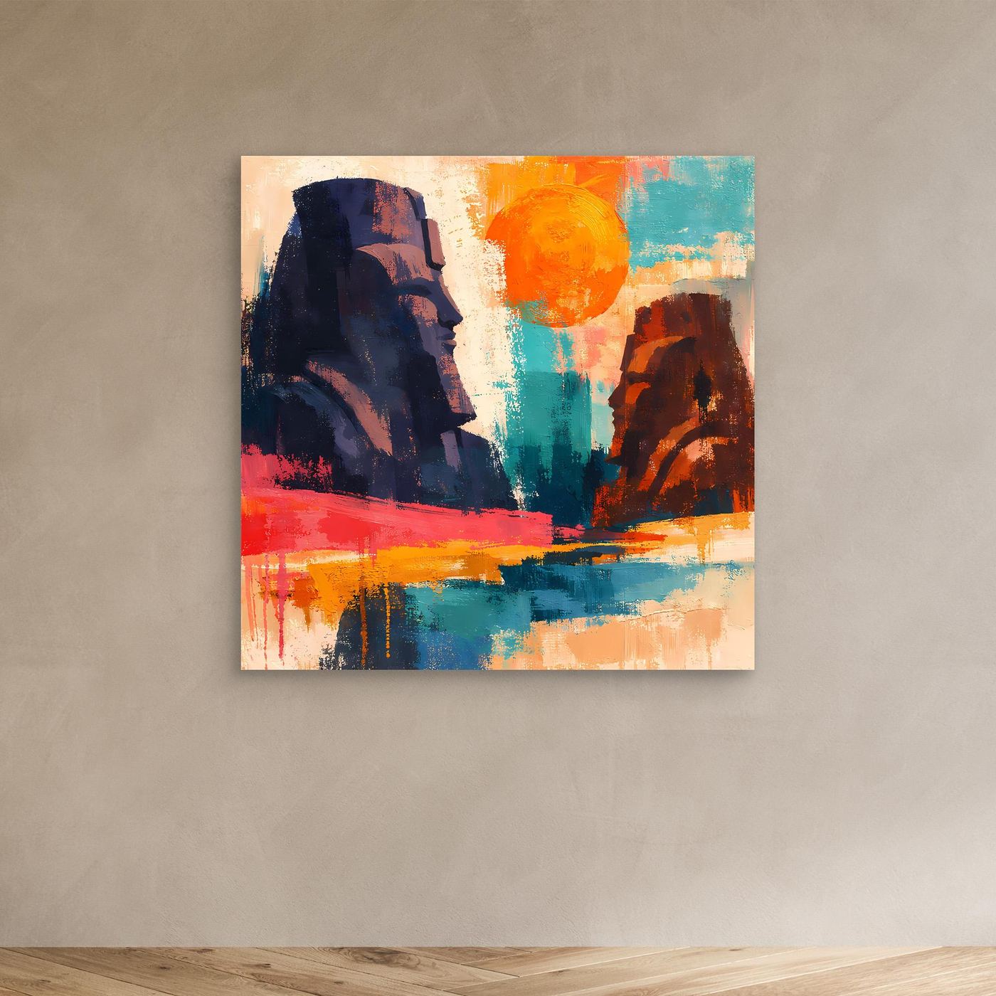 Un-gerahmtes Leinwandbild mit abstrakten Pharaonenstatuen in Blau, Orange und Rot.