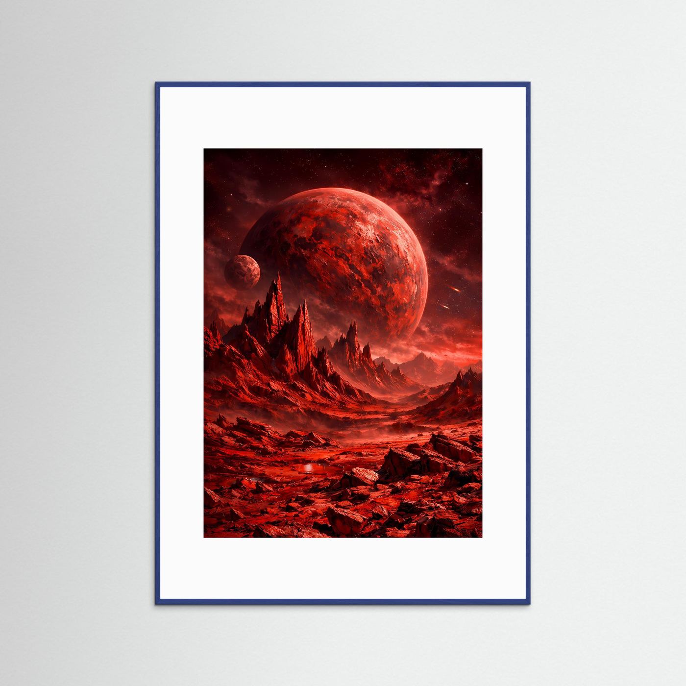Sci-Fi-Kunstposter: roter Planet und Mond über roter Gebirgslandschaft, blau gerahmt