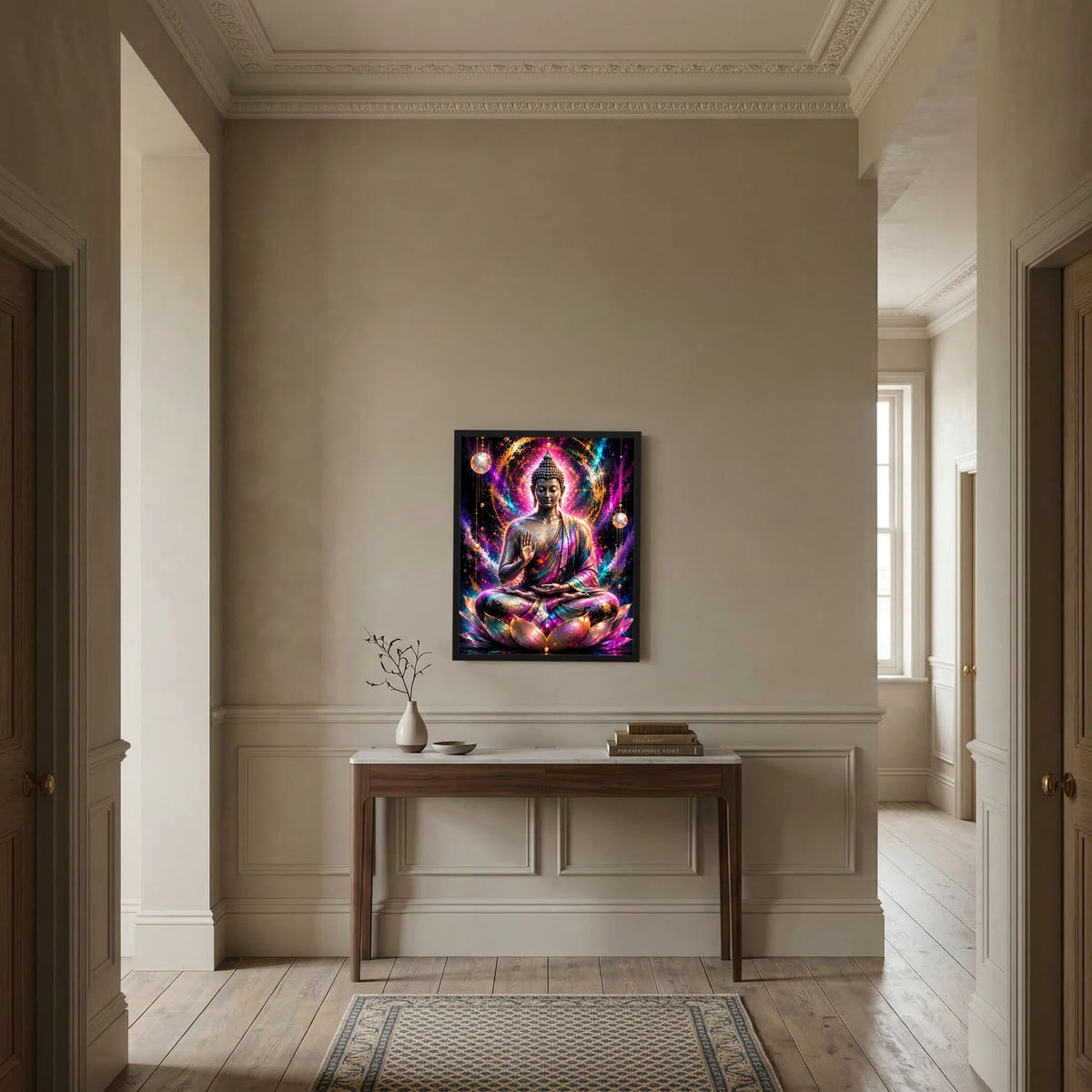 Gerahmtes Buddha-Poster mit meditiertem Buddha auf Lotus, bunte neonartige Optik