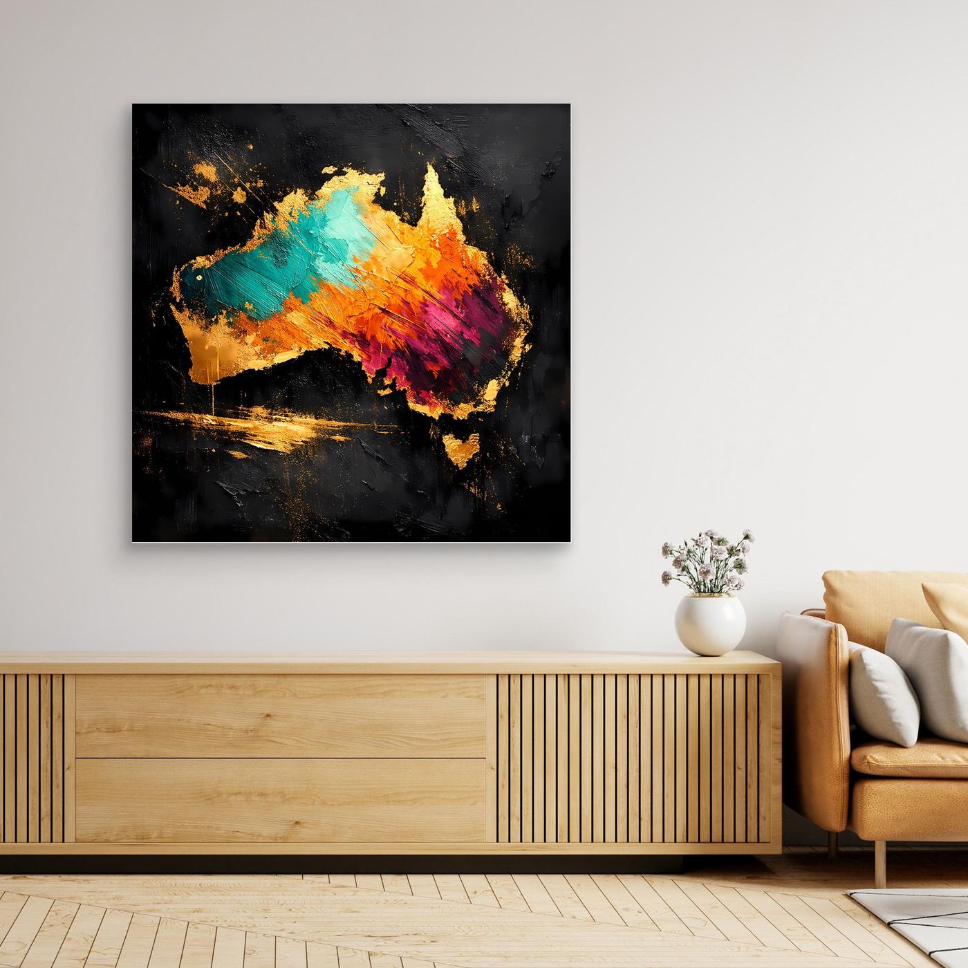 Leinwand Abstrakte Australien Karte in Gold und Türkis | Modernes Kontinent Wandbild