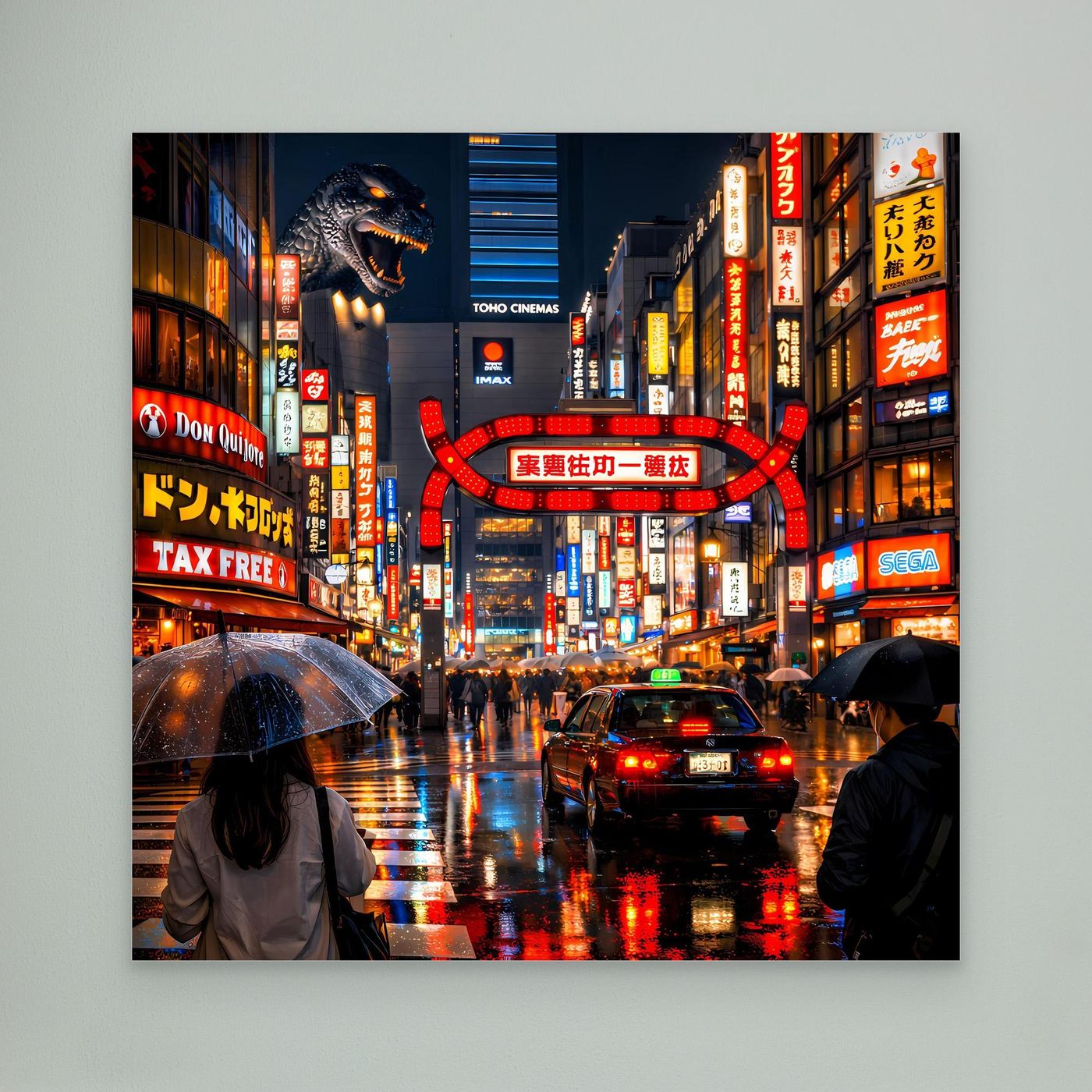Leinwand Pulsierendes Tokio bei Nacht | Urbanes Kabukicho Kaiju Wandbild