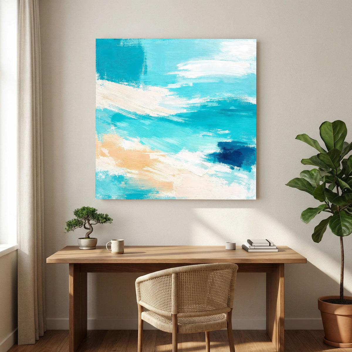 Quadratisches Leinwandbild mit abstrakten Meereswellen in Türkis, Blau und Beige