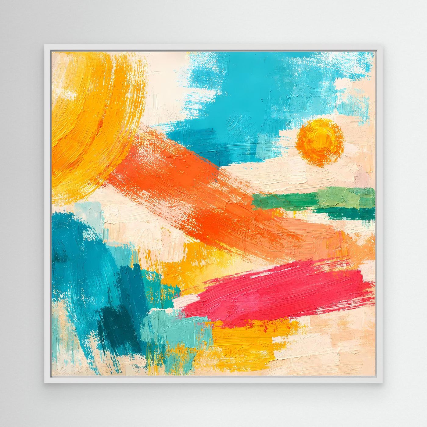 Abstract canvas wall art with orange, teal, blue, yellow, and red brushstrokes; white frame.