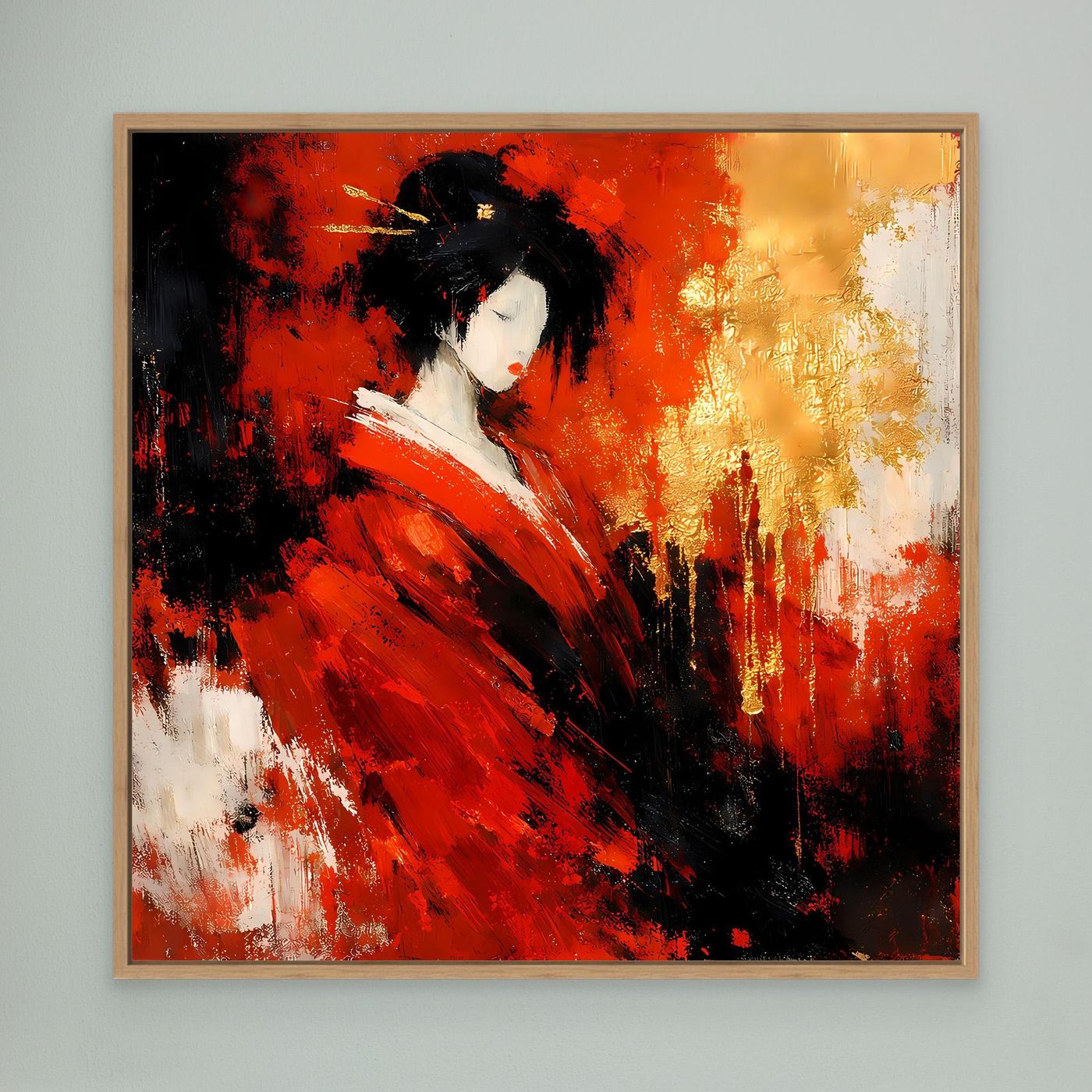 Leinwand Elegante Geisha im Roten Kimono | Abstraktes Asiatisches Wandbild Moderne Kunst