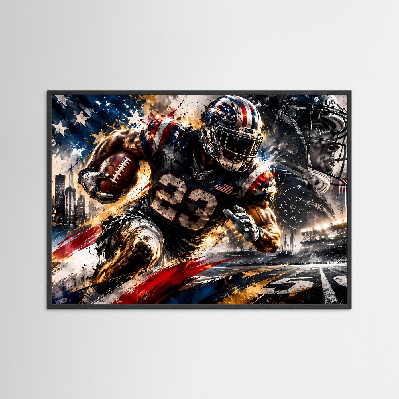 Gerahmtes Sportposter im Querformat mit American-Football-Spielern und Flaggen-Motiv
