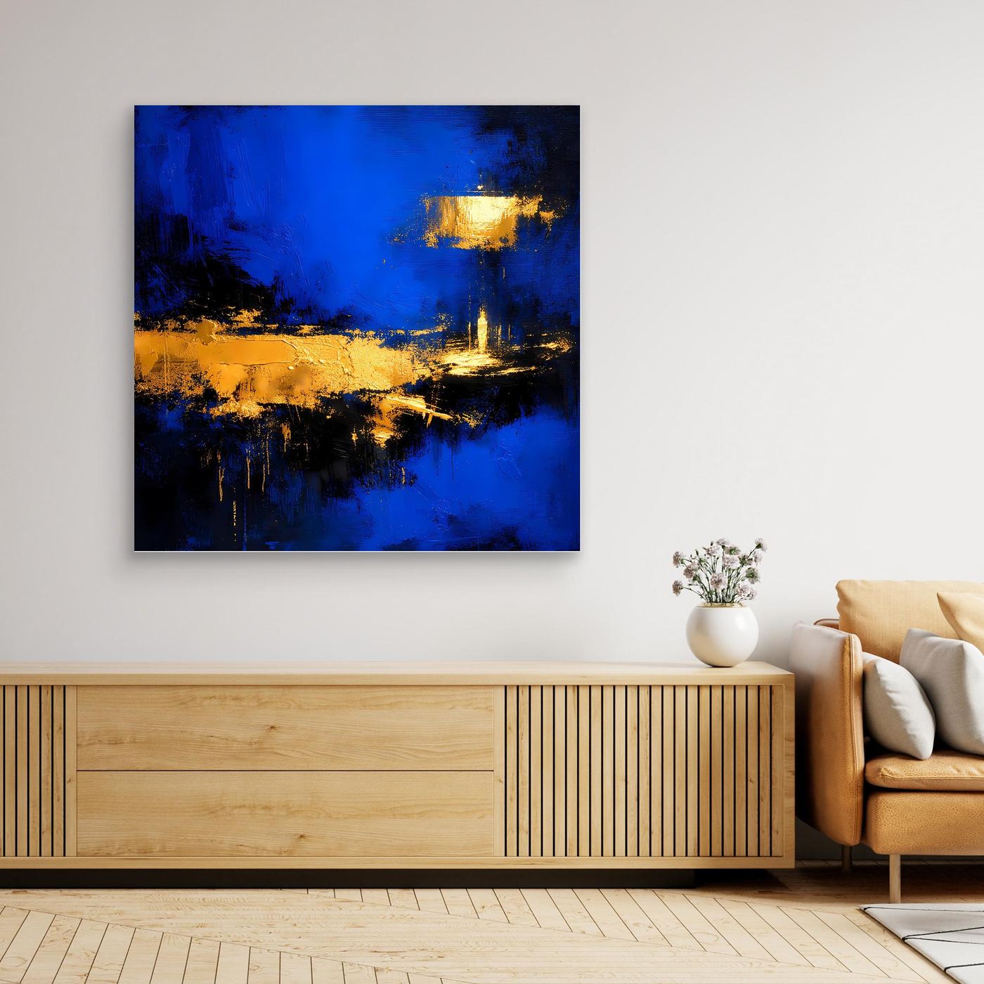 Leinwand Abstrakte Meereslandschaft bei Nacht | Modernes Küsten Wandbild in Blau und Gold