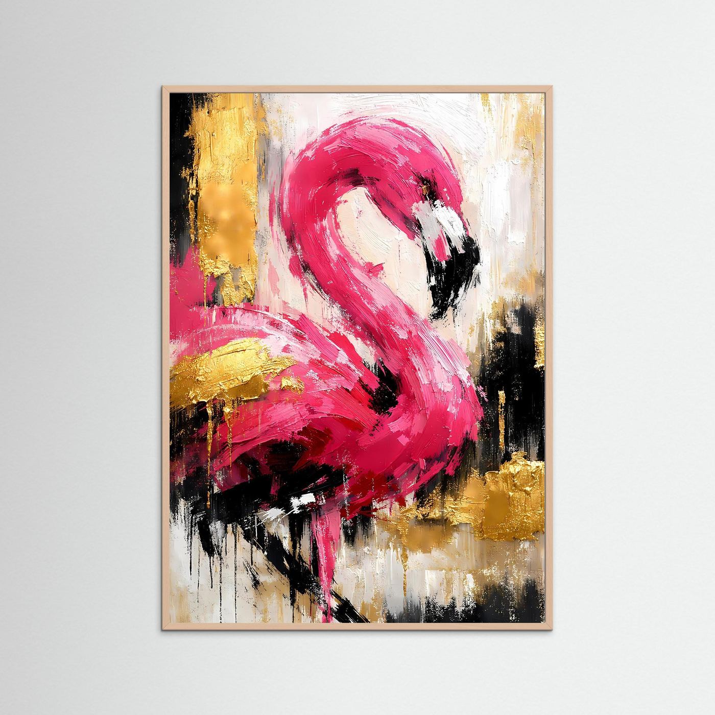 Abstraktes Flamingo-Poster im hellen Holzrahmen, magenta pink, schwarze und goldene Pinselstriche.