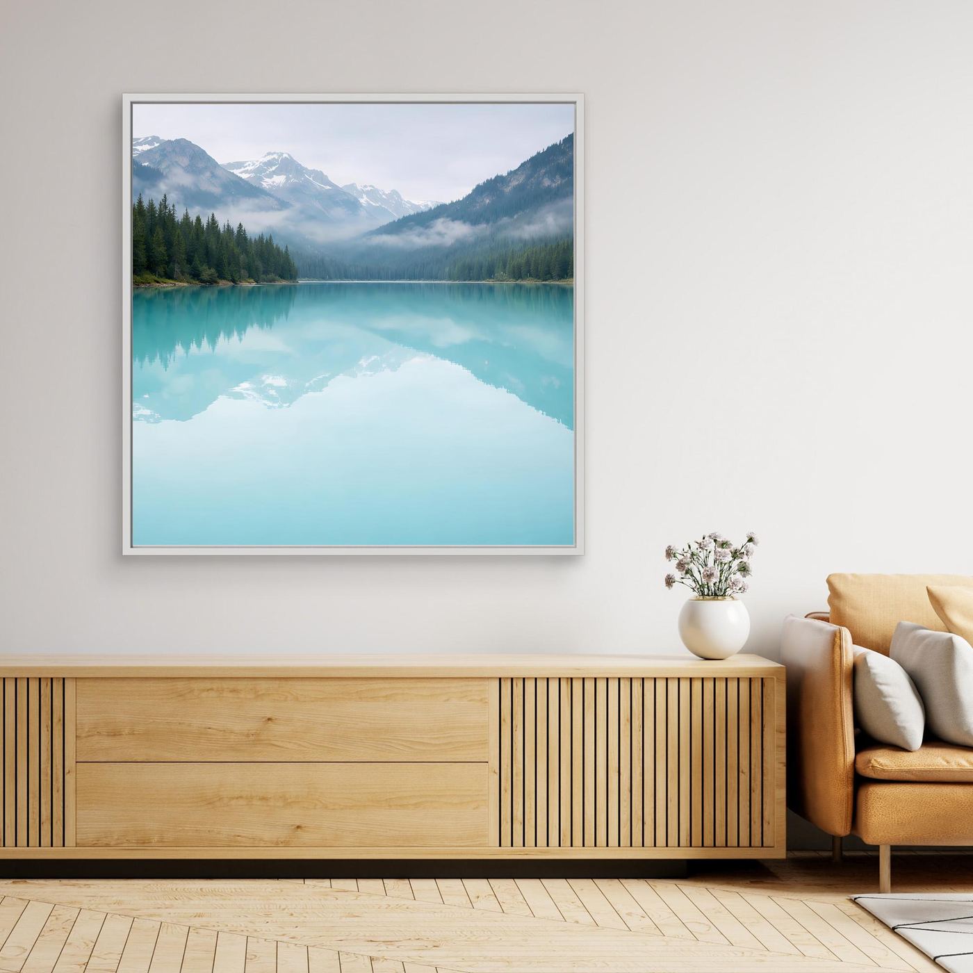 Leinwandbild Bergsee mit Spiegelung, türkises Wasser, weiß gerahmt