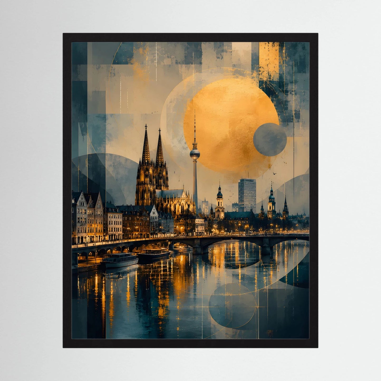 Gerahmtes abstraktes Poster mit Kölner Dom, Skyline am Rhein und goldener Sonne