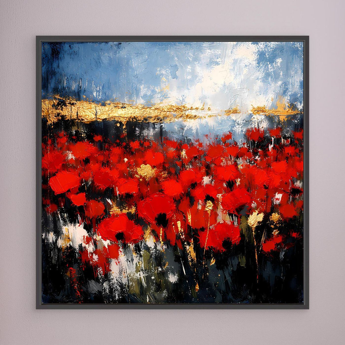 Abstraktes Wandbild: rote Blüten und dunkle Akzente, Blauhimmel, Goldband, schwarzer Rahmen