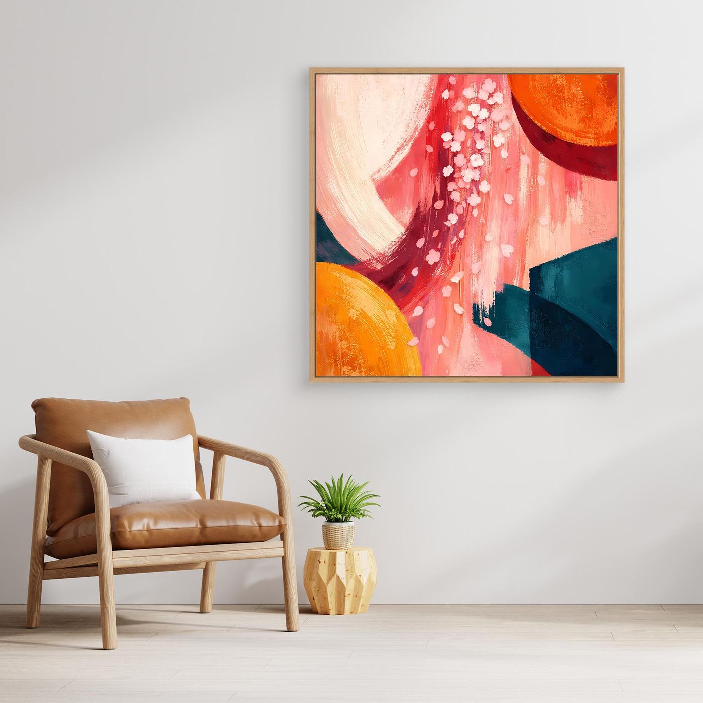 Abstraktes Leinwandbild mit Kirschblüten, Rot und Blau, im braun gerahmten Quadrat