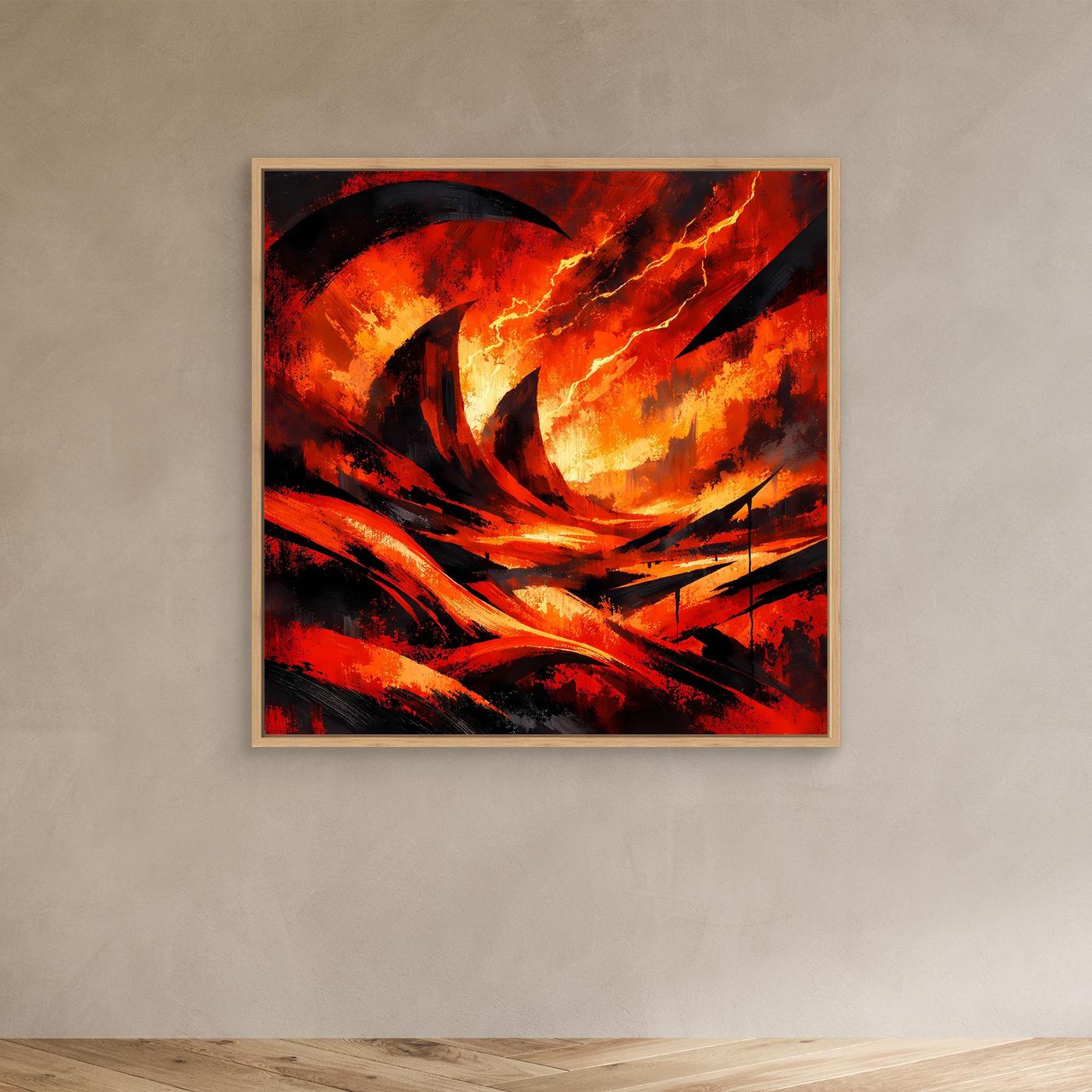Kleines abstraktes Lava-Wandbild mit Holzrahmen, rot-orange, schwarze Blitzlinien