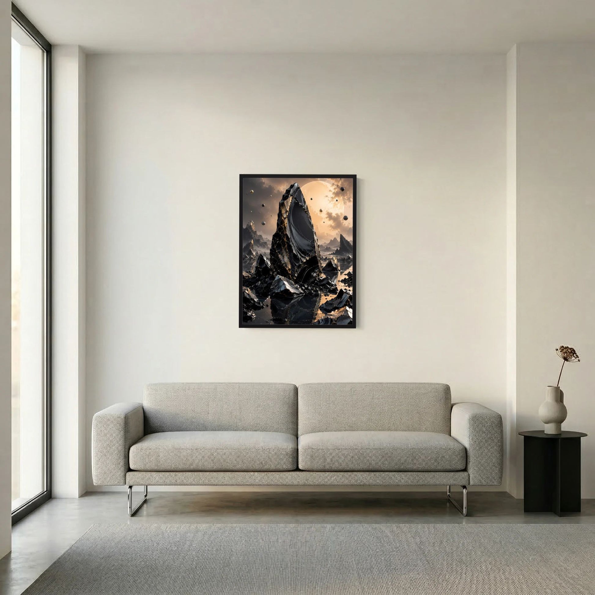 Poster im schwarzen Rahmen: dunkle Felsformation mit gold-beige Wolkenhintergrund