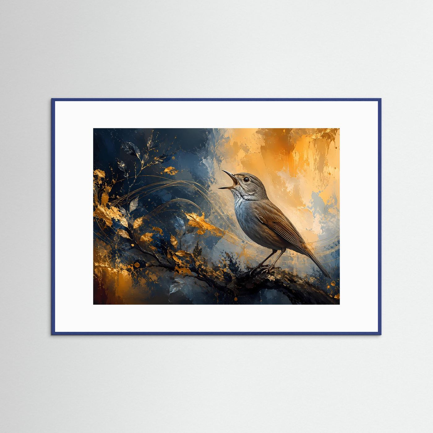 Singvogel Poster Modern | Vogel Wandbild Blau Gold | Abstrakte Naturkunst | Eleganter Waldvogel Fine Art | Leinwand Wohnzimmer