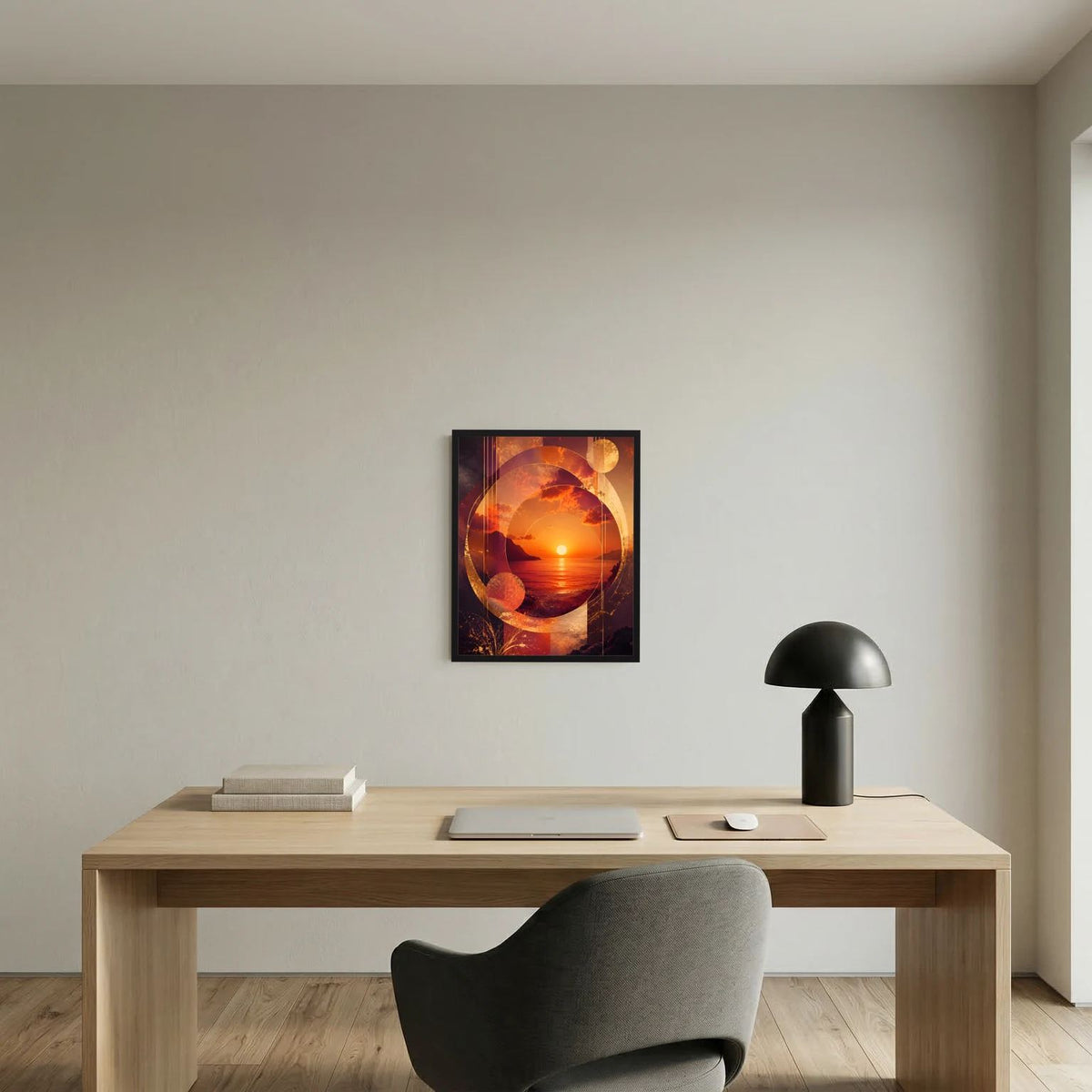 Gerahmtes abstraktes Sonnenuntergangs-Poster mit gold/orange Kreisen über Meer