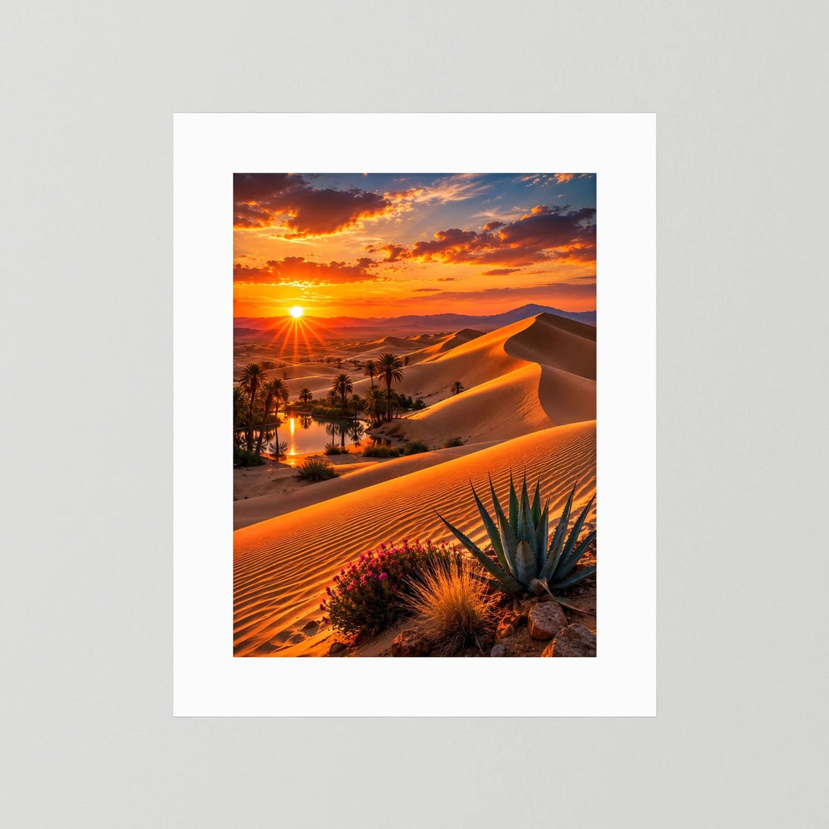 Hochformatiges Wüstenlandschafts-Poster mit Sonnenuntergang, ohne Rahmen, weißer Rand