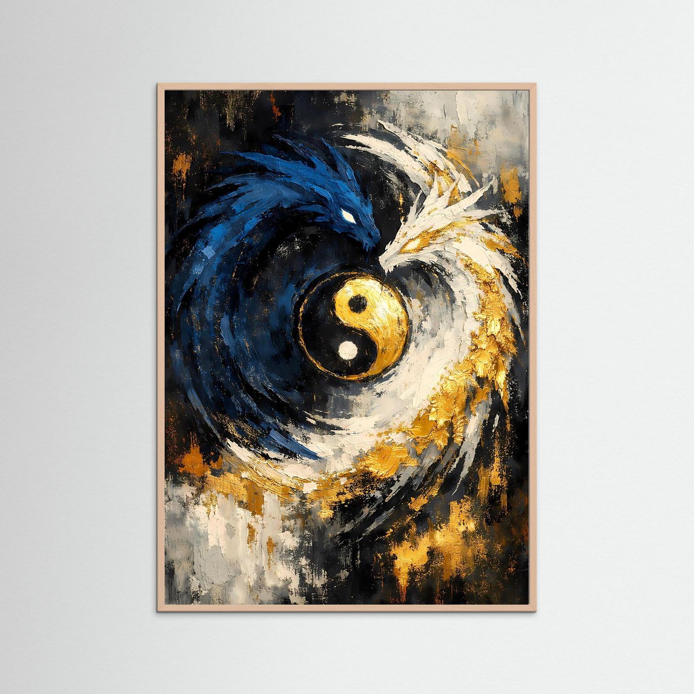 Hochformatiges Yin-Yang-Poster im rosafarbenen Rahmen: blau-goldener Drachenwirbel