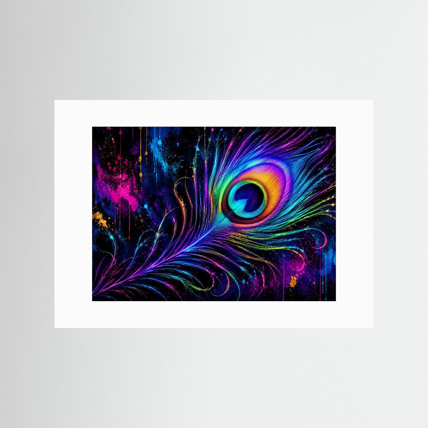 Neon Pfauenfeder in leuchtenden Farben | Abstrakte Regenbogen Kunst – Modernes Poster Querformat