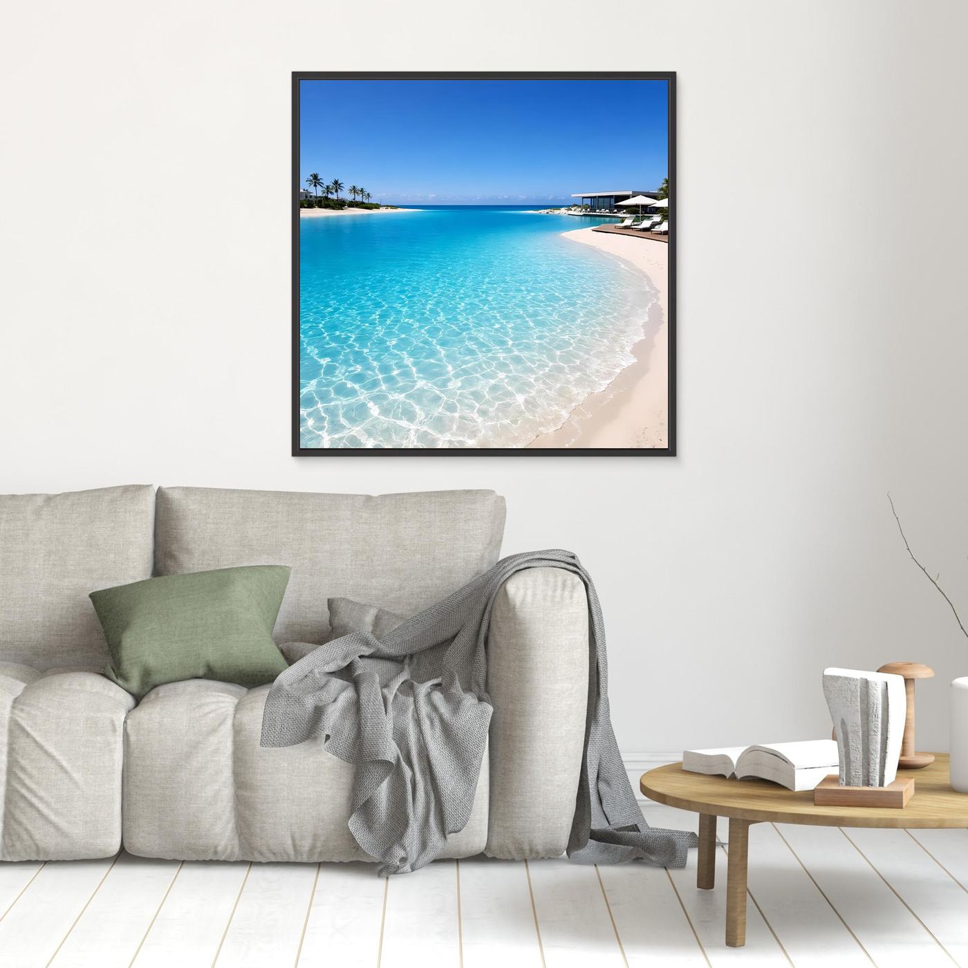 Leinwandbild: türkisblaues Meer, Sandstrand und Palmen, schwarz gerahmt.