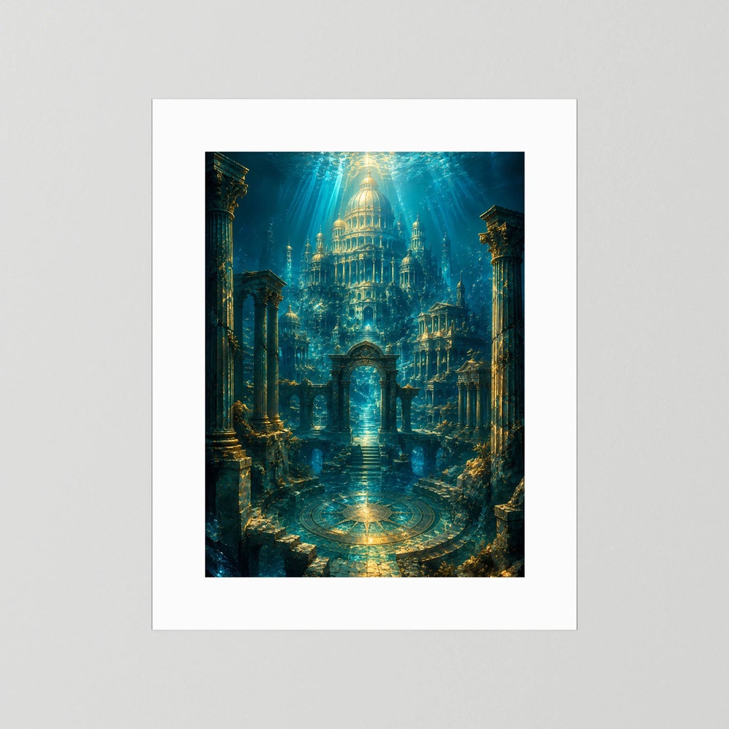 Unterwasser-Tempelposter mit weißem Passepartout, türkis-goldenes Licht im Tempel