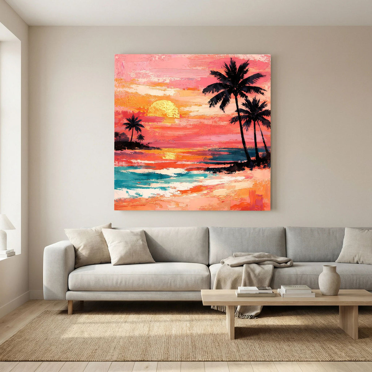 Leinwand-Wandbild mit Palmen am Horizont, Meerwellen und Sonnenuntergang in Orange und Blau.