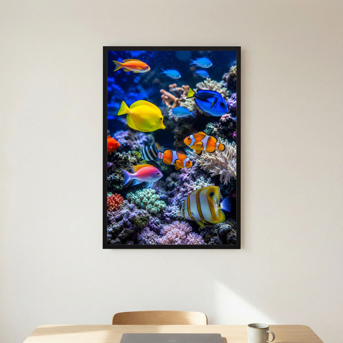 Hochformat-Poster mit bunten Tropenfischen und Korallenriff im schwarzen Rahmen