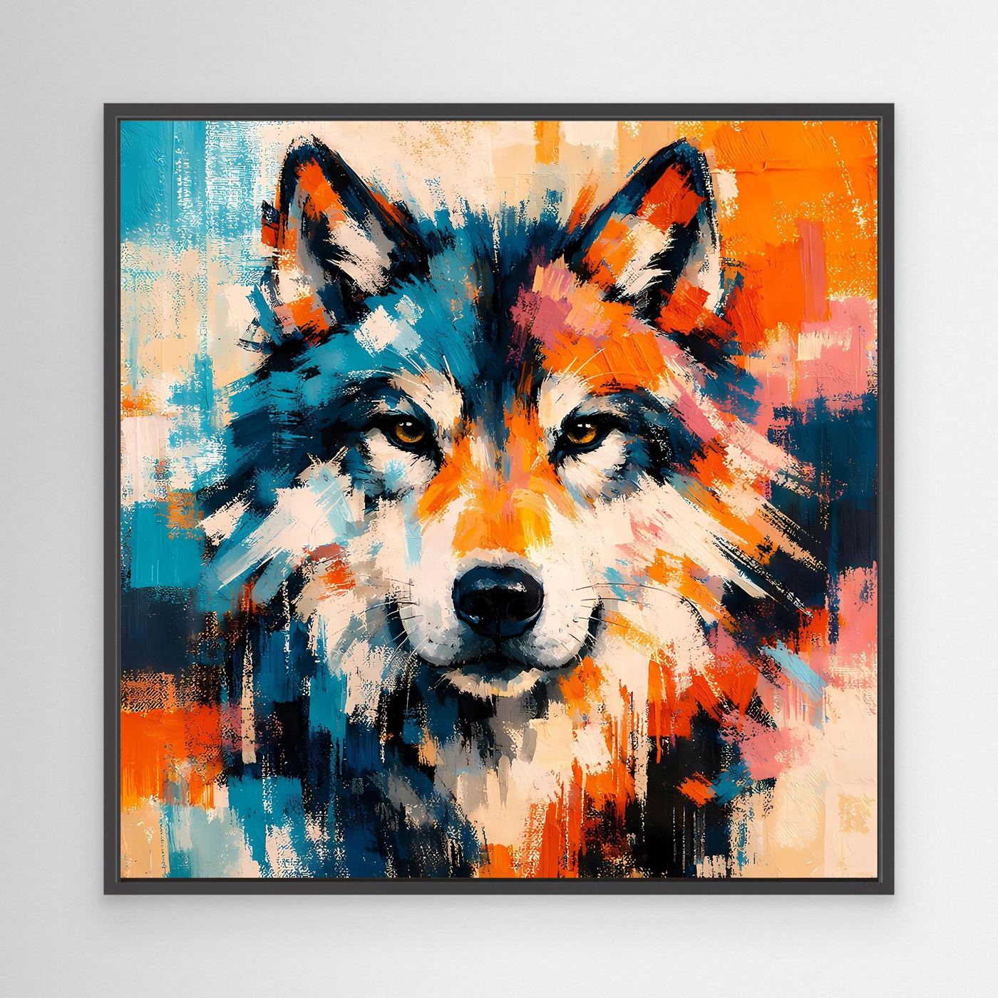 Abstract wolf canvas wall art with blue and orange brushstrokes, black frame