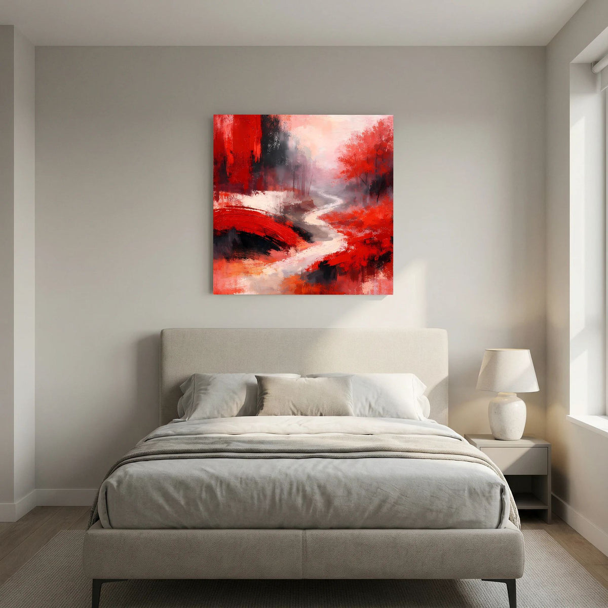 Rotes Leinwand-Wandbild mit Flussbrücke und hellen Nebelflächen, schwarz-grau und weiß