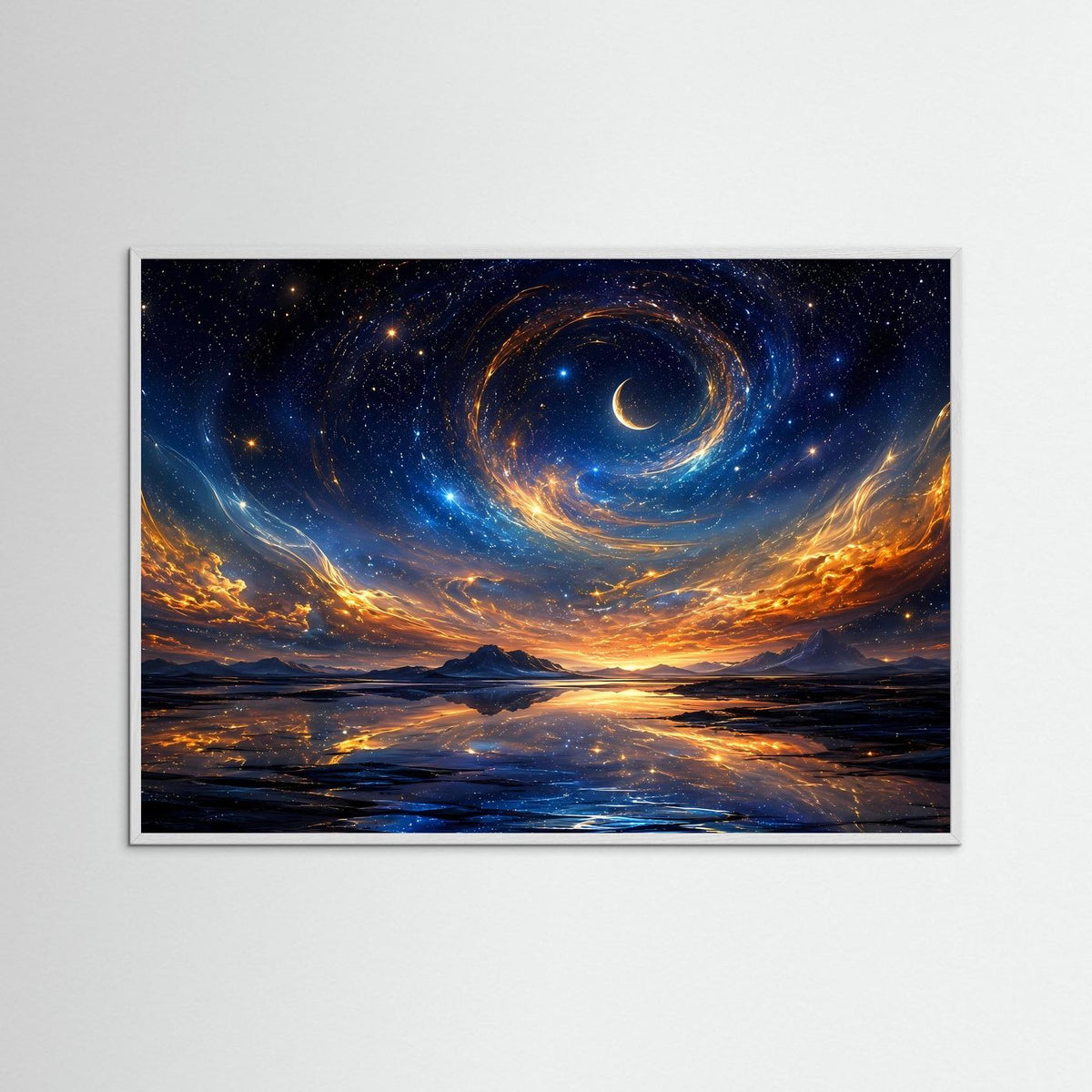 Poster im Holzrahmen mit goldblauem Sternbild, Spiralwirbel und Mondsichel