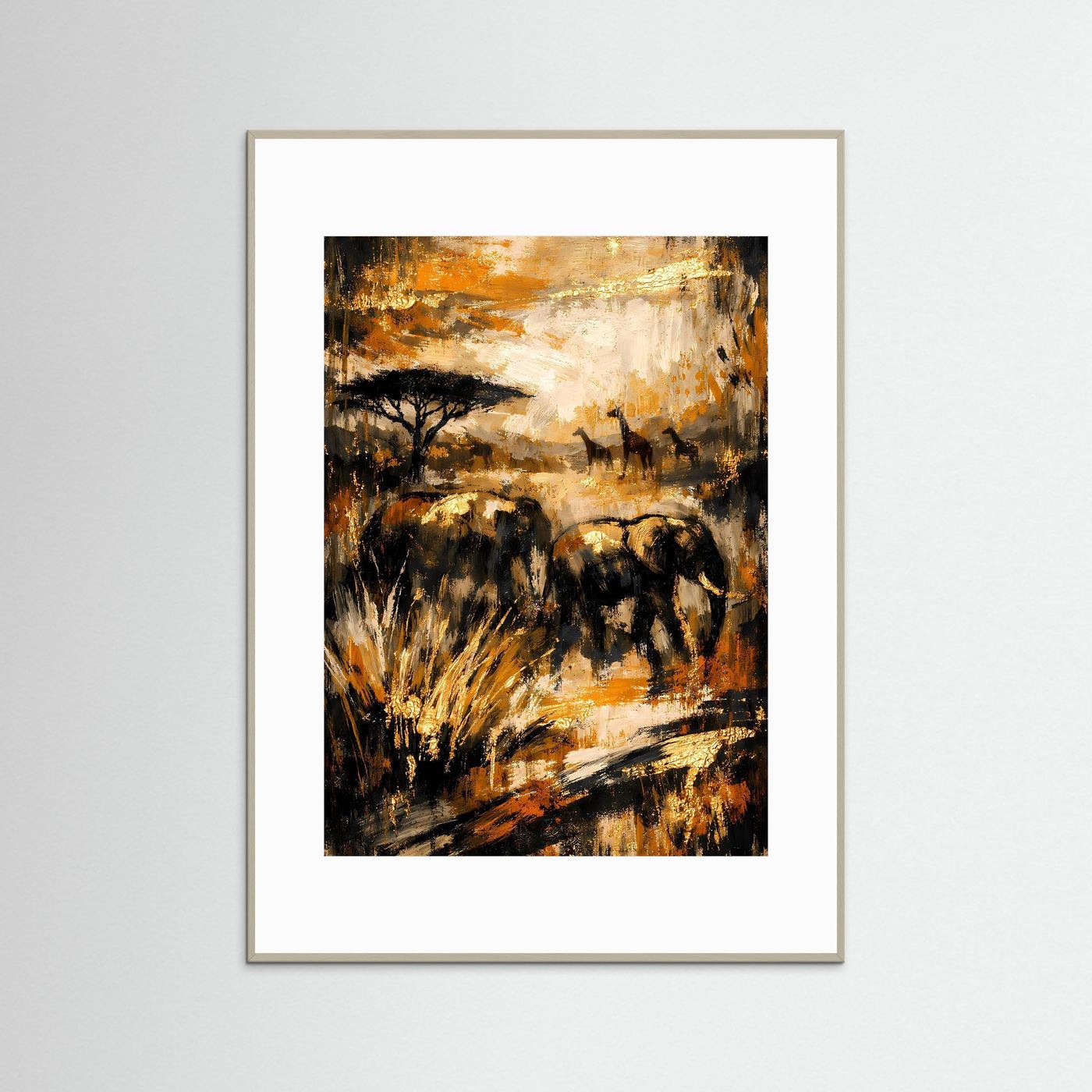 Elefanten-Kunstposter mit abstraktem Savannenmotiv, Ocker & Tiefschwarz, grauer Rahmen
