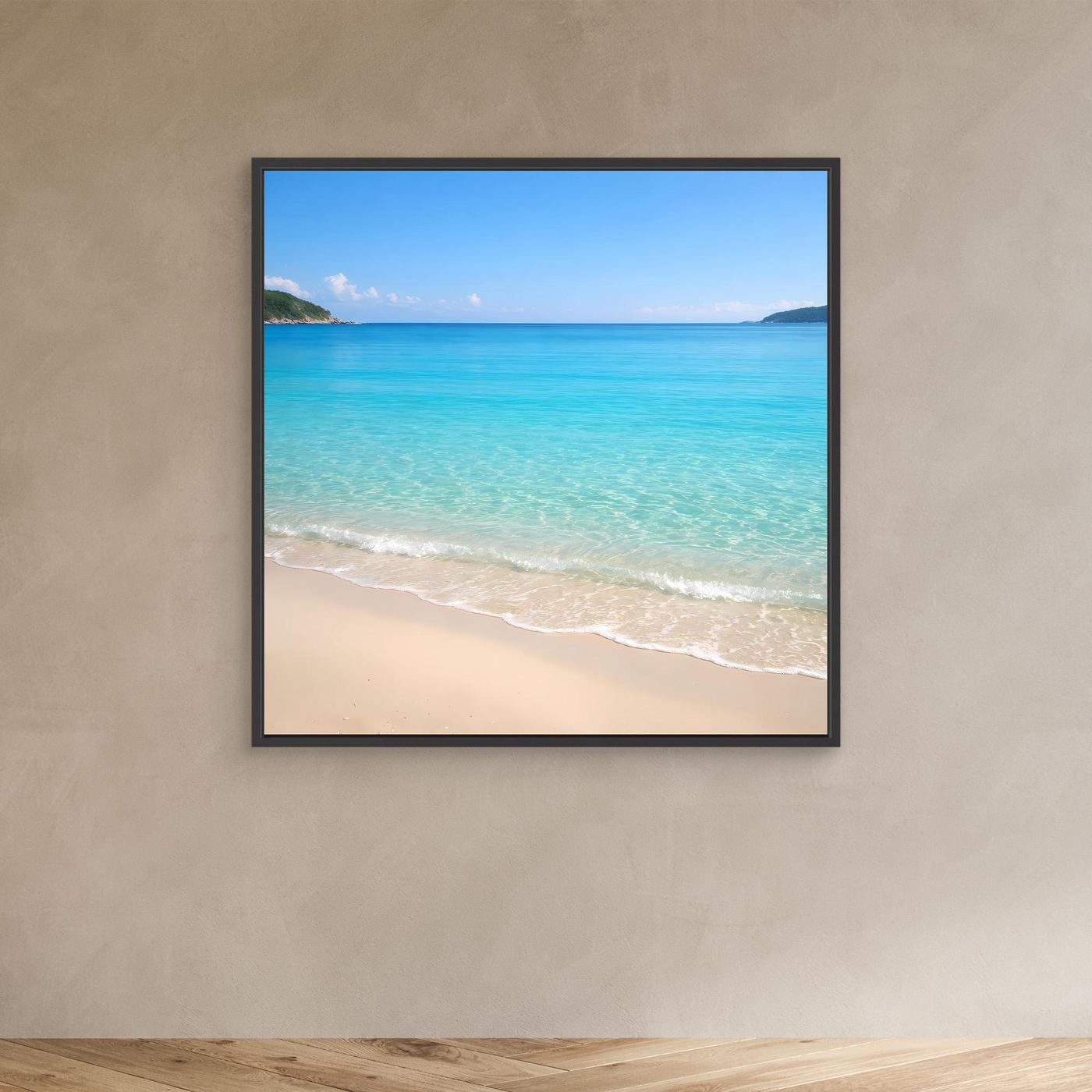 Leinwandbild Strandlandschaft mit türkisfarbenem Wasser im schwarzen Rahmen