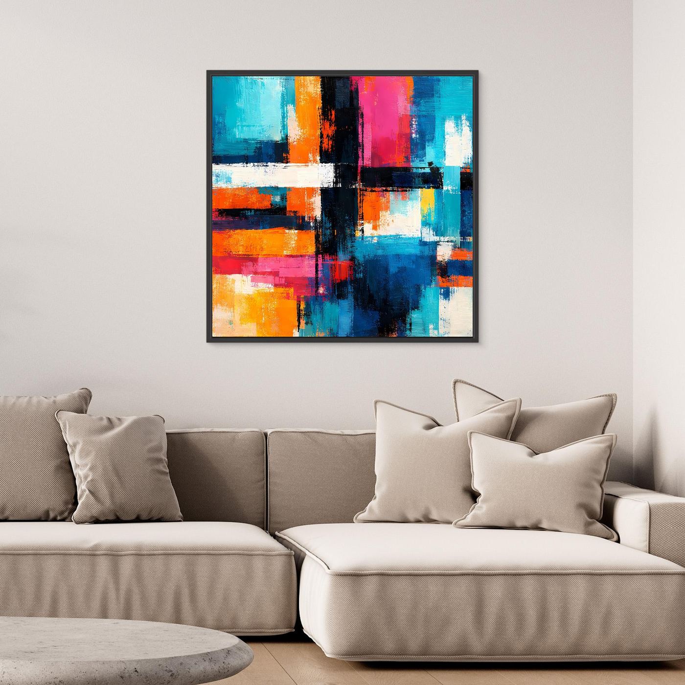 Abstract geometric canvas wall art with colorful rectangles, stripes, and a dark vertical cross