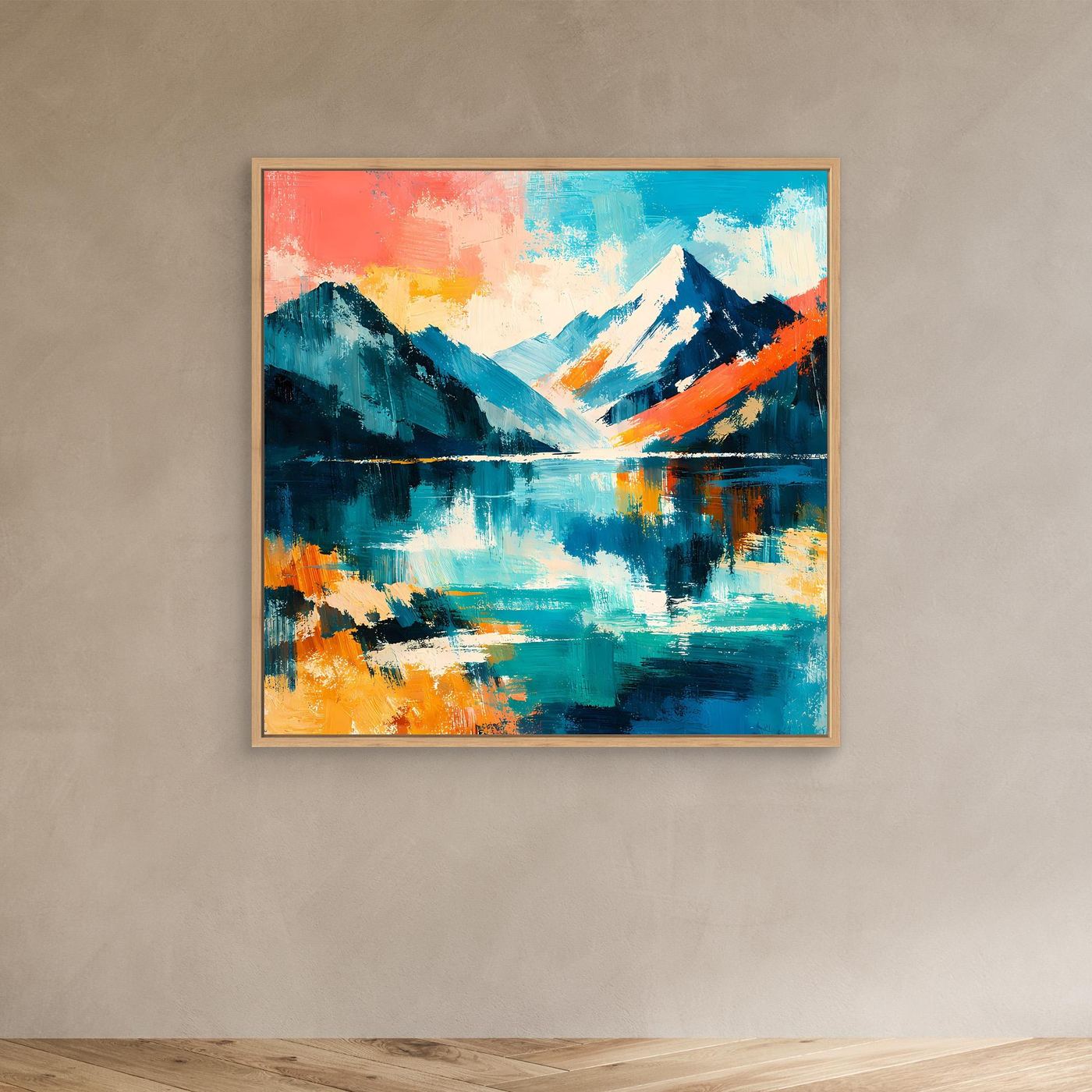 Leinwand-Wandbild mit Eichenrahmen, abstrakte Bergwelt am See in Türkis und Orange