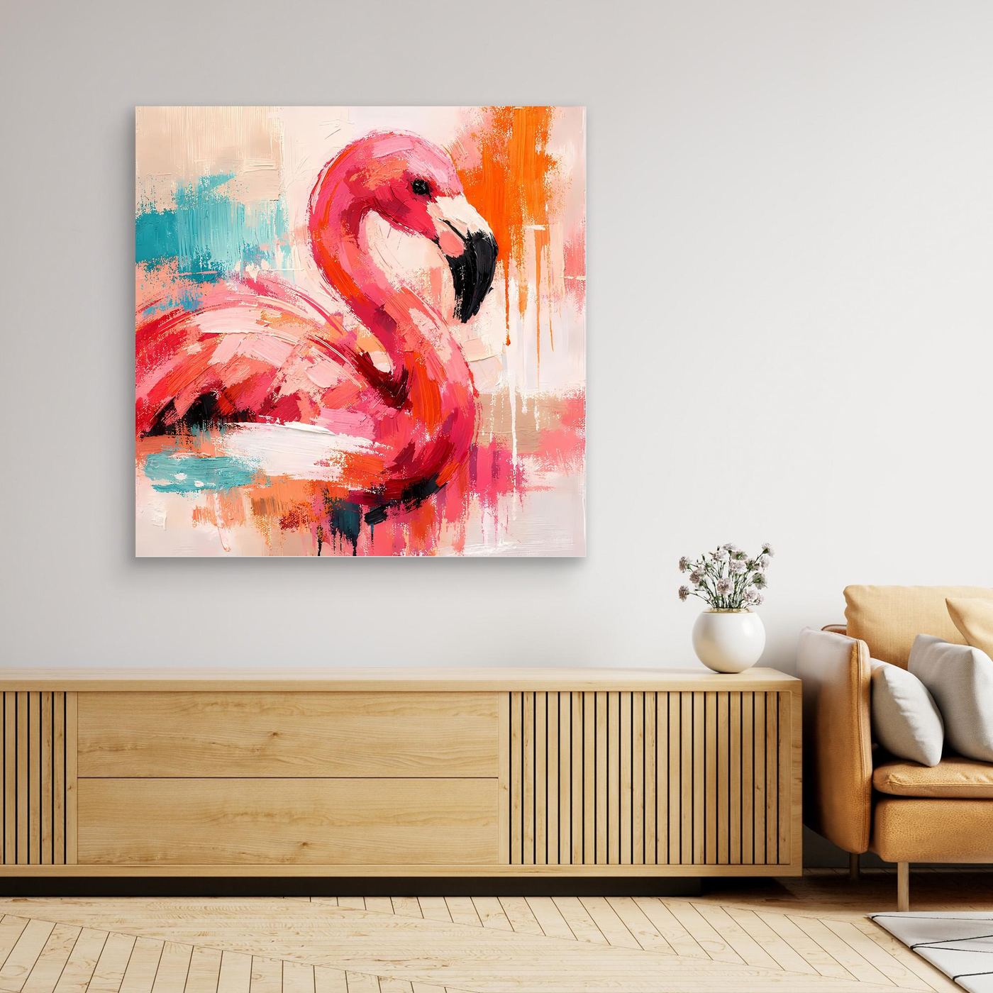 Wandbild mit abstraktem Flamingo in Pink und Orange, ohne sichtbaren Rahmen.