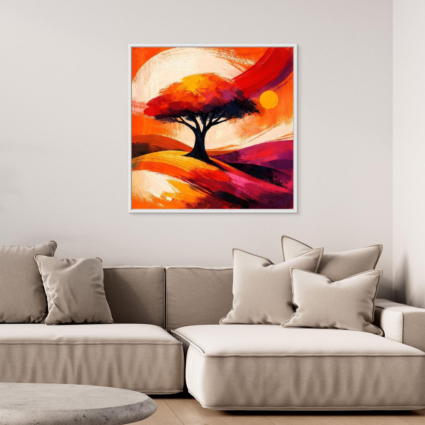 Leinwandbild: stilisierter Baum auf abstrakten Pinselzügen in Orange und Magenta