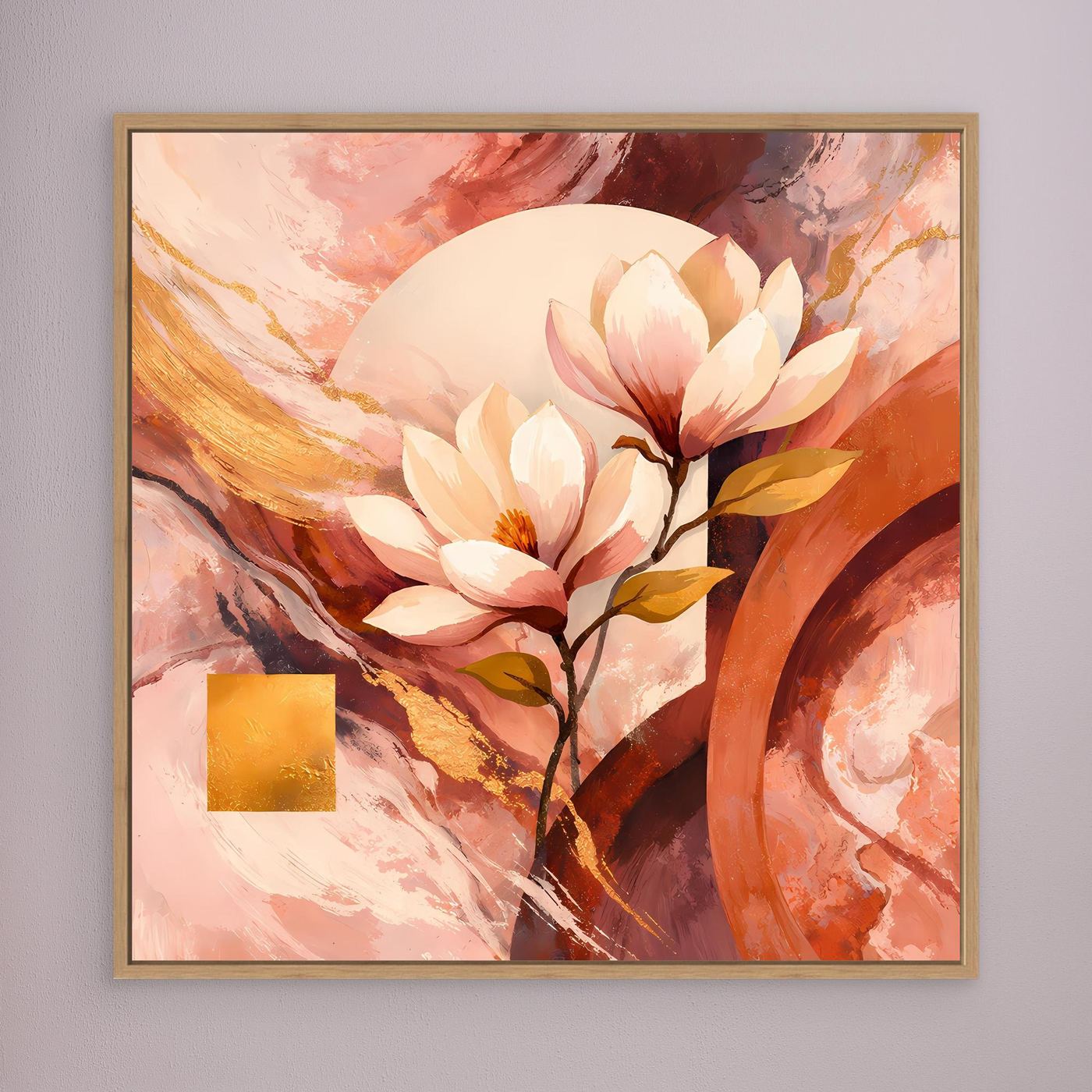 Gerahmtes Leinwandbild: Magnolienblüten in Rosé, abstrakte Striche, goldener Akzent; gold
