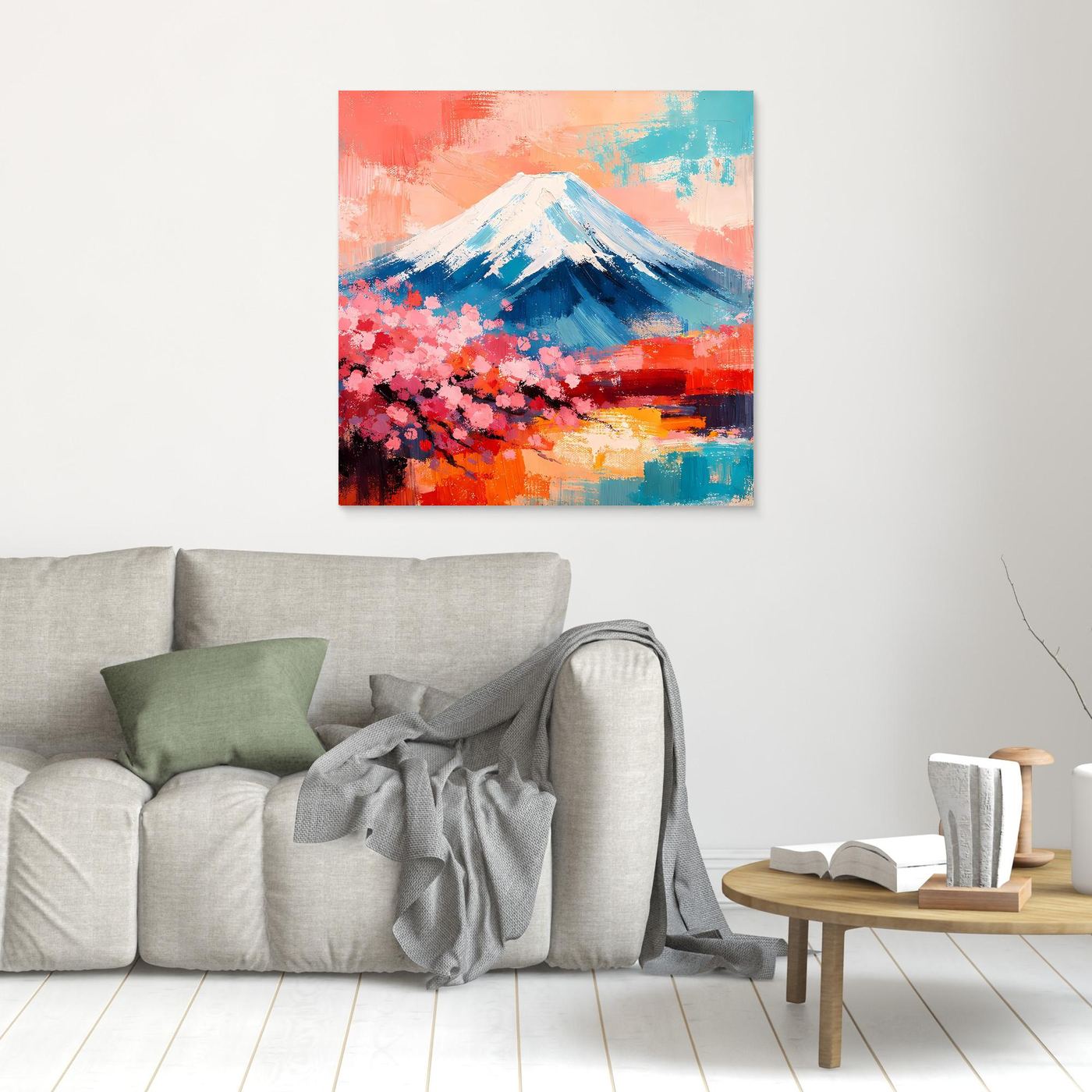 Abstraktes Leinwandbild mit Fuji und Kirschblüten