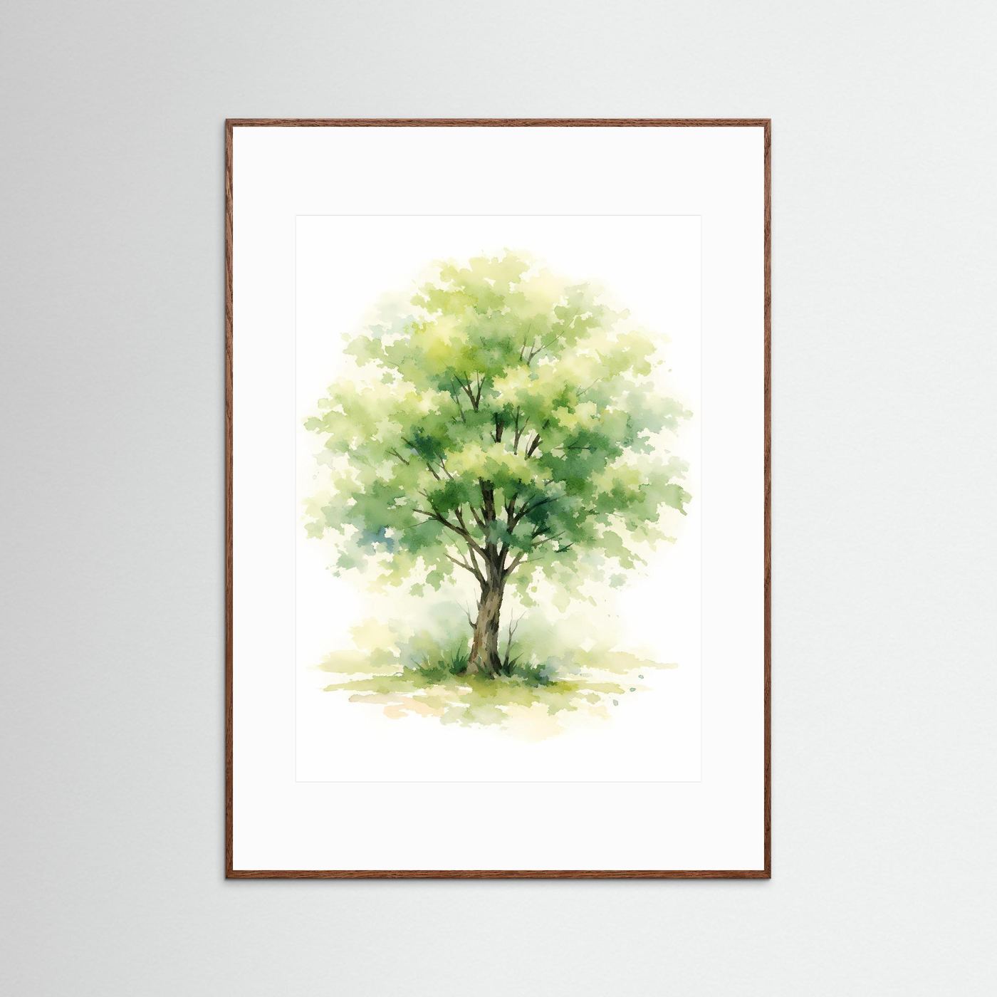 Aquarell-Poster mit Lebensbaum, grüner Baum in Wasserfarben, brauner Holzrahmen
