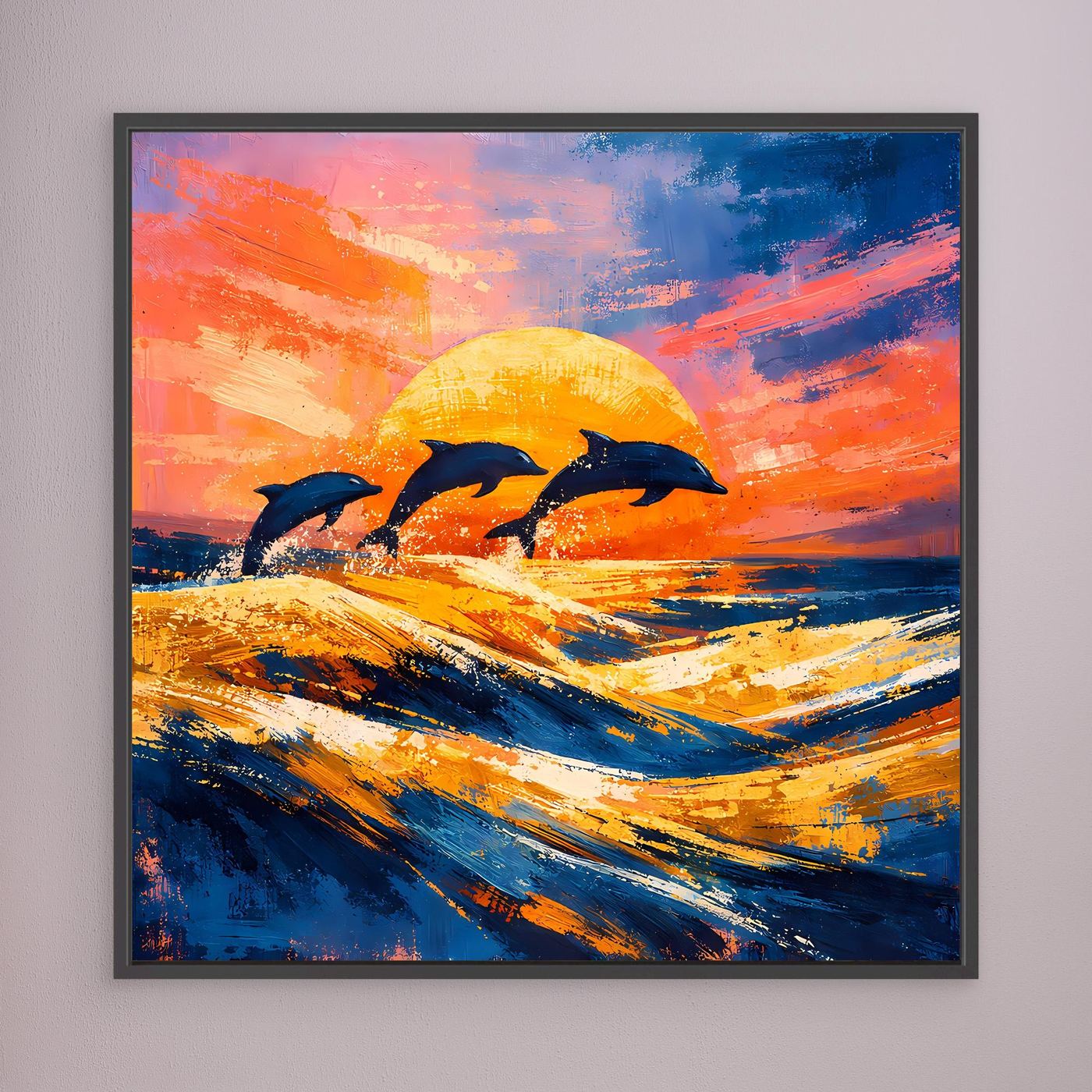 Leinwand Springende Delphine im Sonnenuntergang | Abstraktes Ozean & Meer Wandbild