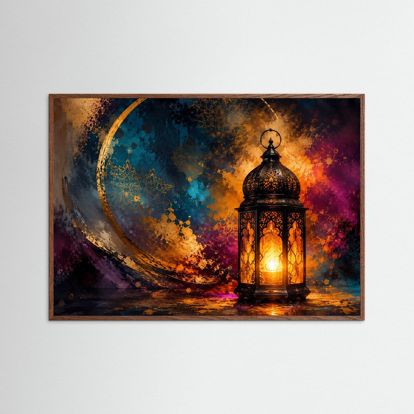 Orientalische Laterne Poster | Goldene Mondkunst | Abstrakte Boho Wandkunst | Mystisches Licht | Moderne Fine Art | Elegantes Wandbild