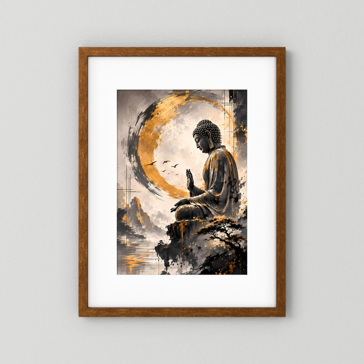 Zen-Poster mit sitzendem Buddha im goldenen Kreis, Holzrahmen in mittelbraun