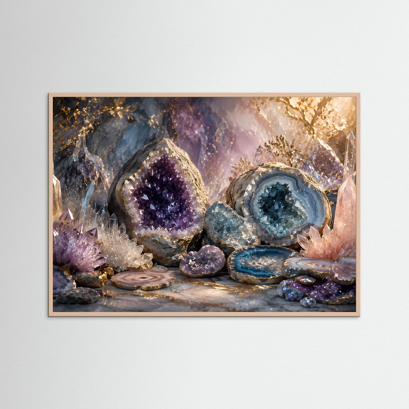 Mineralien-Poster im Roséholzrahmen, Amethyst- und Achatkristalle violett-blau