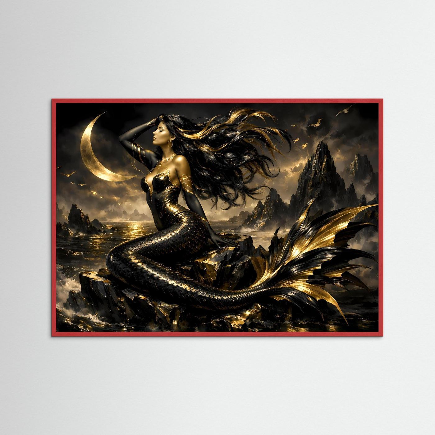Fantasy-Wandbild mit Meerjungfrau bei Mondschein, roter Holzrahmen