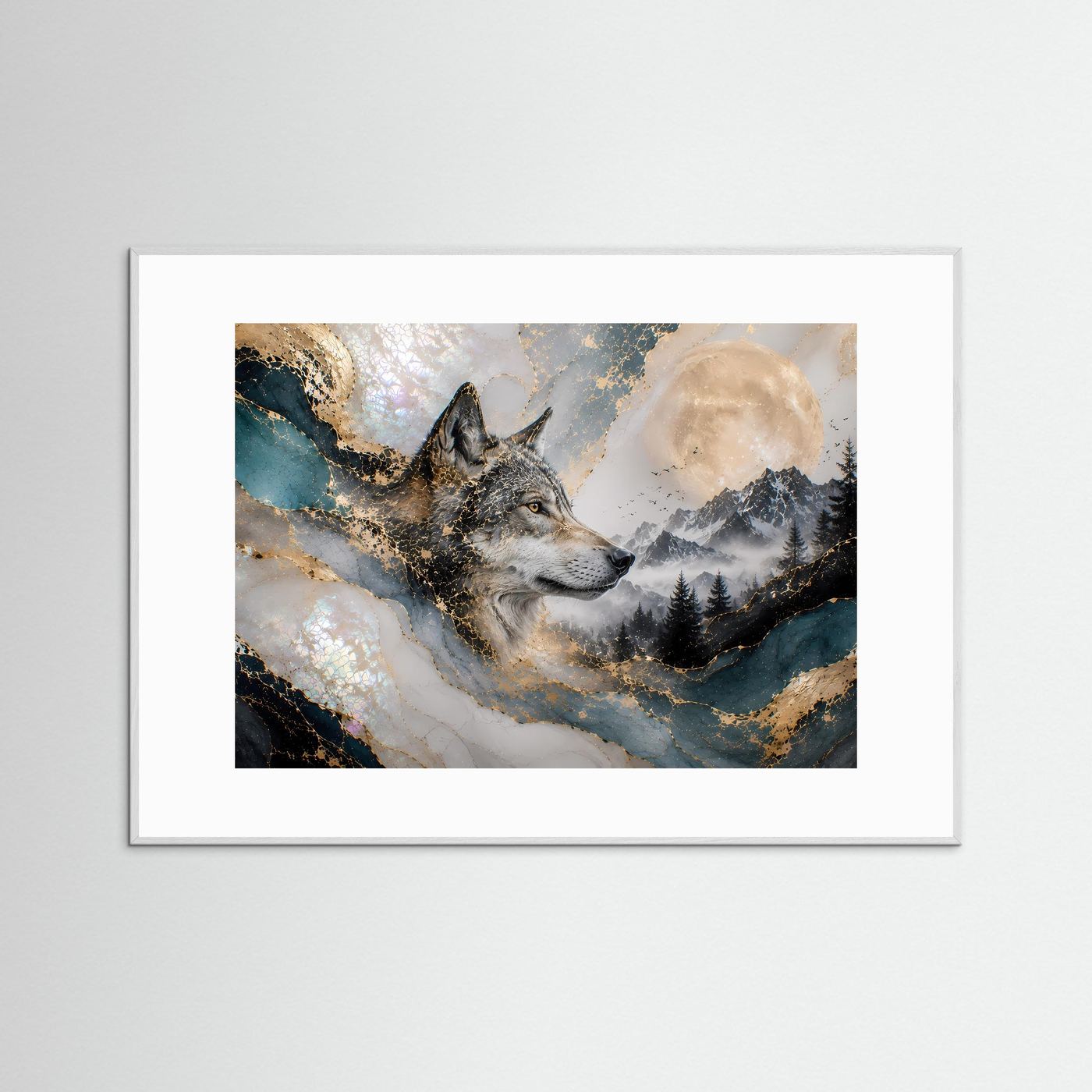 Gerahmtes Querformat-Poster mit Wolf im Mondlicht über verschneiter Berglandschaft in Blau und Gold