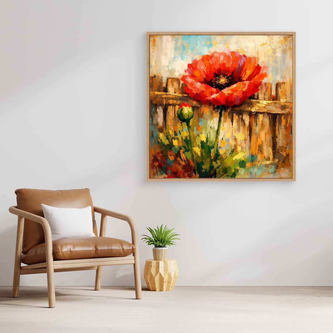 Gerahmtes Leinwandbild mit roter Mohnblume, abstrakte Blumen- und Holzstämme