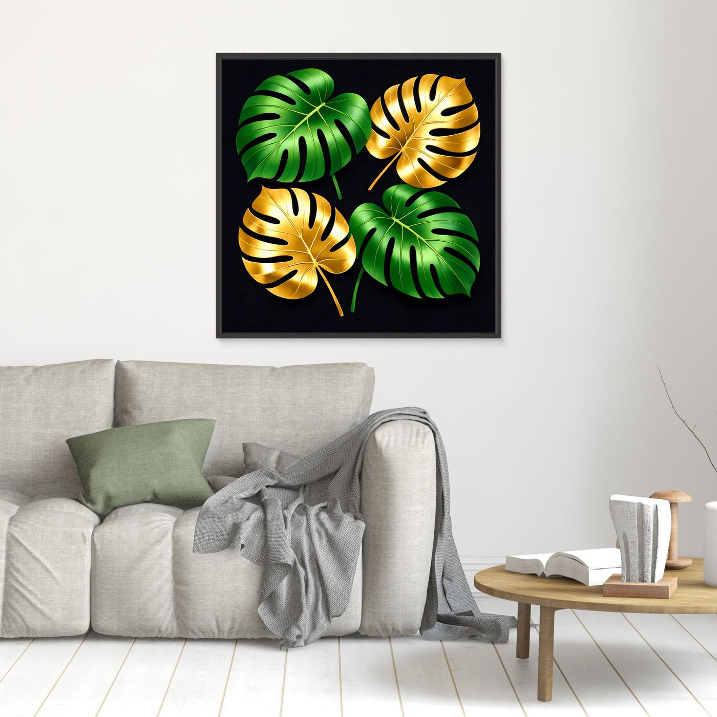 Leinwandbild mit Monstera-Blättern, grün und gold, schwarzer Rahmen