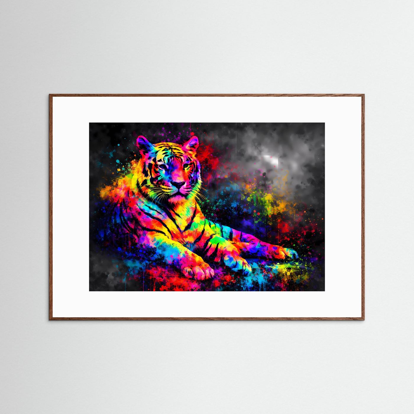 Tiger-Graffiti-Kunstposter (Querformat) mit Neon-Tiger im dunklen Holzrahmen